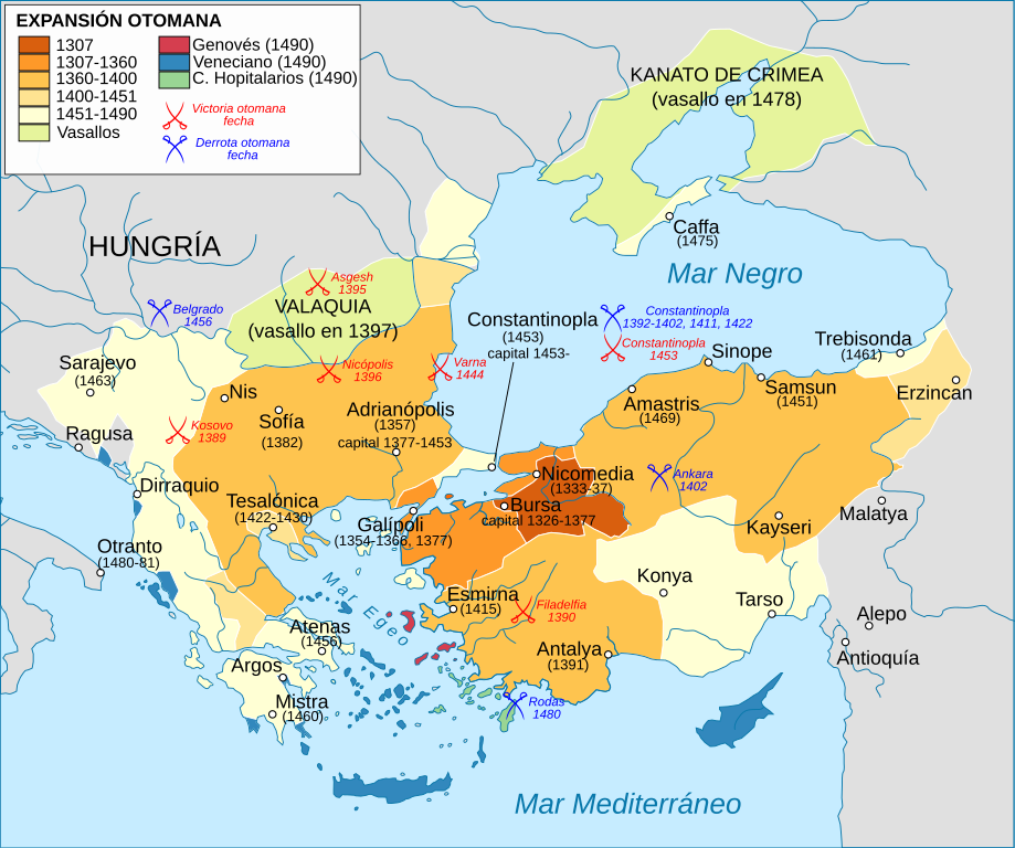 Mapa ekspanzije Otomanskog carstva od 1307 - 1490/ vremenskalinija.me